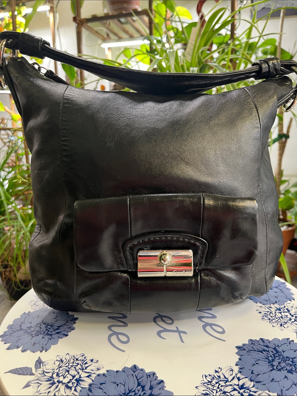 Coach Black Leather Shoulder Hobo Bag With Silver Hardware